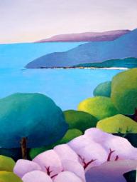 Seascape with blossoming trees